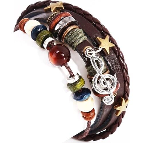 Puck Feather Multilayer Leather Bracelet Men Bohemia Charm Music Note Mens Bracelets 2020 Wrap Pulseira Gift Jewelry New