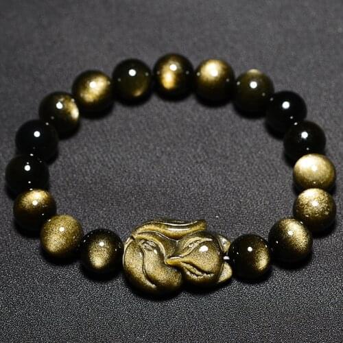 Natural Stone Gold Obsidian Fox Men Bracelet Trendy Animal Foxhound Round Beaded Bracelets For Women Powerful Stretch Bangle