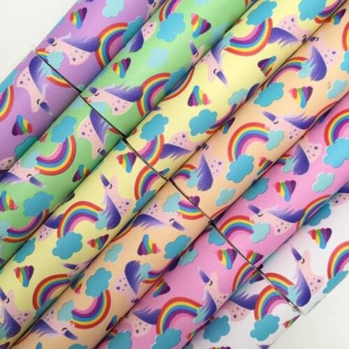 Onefly Wholesales Dropshipping Leather Supplier Unicorn Rainbow Printed Synthetic Faux Leather Fabric Sheets For Bow DIY FZ106