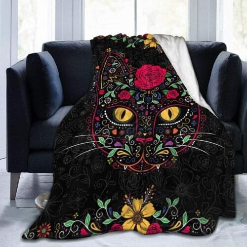 Personalized Day of The Dead Kitty Cat Sugar Skull Throw Blanket All Season Plush Throw Blankets Large Travel Throw Blanket for