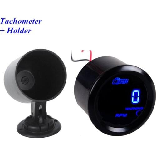 EE support 2" 52mm RPM Black Cover Universal Car Vehicle Digital Clock Blue LED Tacho Gauge Tachometers + Holder