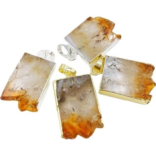 Natural Citrines Pendants Yellow Quartz raw Druzy Slice Pendant irregular geode stone jewelry for necklace DIY