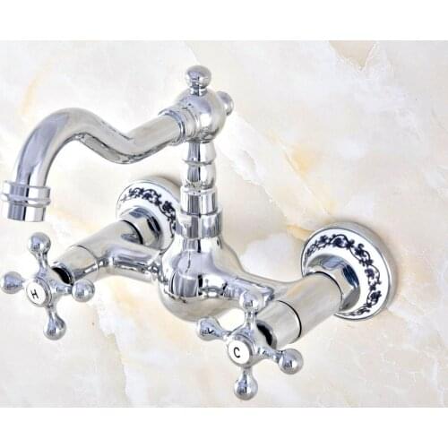 Polished Chrome Brass Wall Mount Bathroom Basin Kitchen Sink Faucet Swivel Spout Mixer Tap Dual Cross Handles Levers anf579