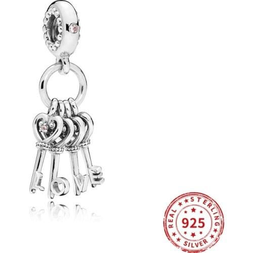 Real 925 Sterling Silver beads Shining Crystal Key Dangle Charms Bead for Women Fit Pan Bracelets Bangles Diy Jewelry