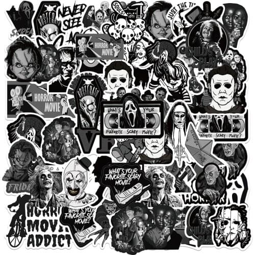10/30/50PCS Cool Black and White Horror Movie Character Stickers DIY Bike Skateboard Fridge Laptop Luggage Waterproof Sticker