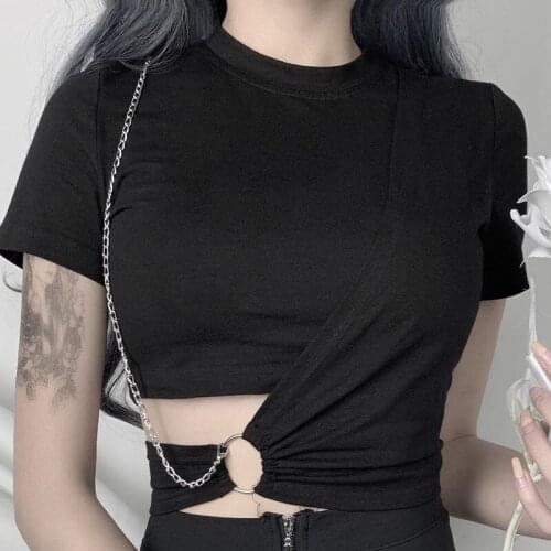 Mall Goth Dark Sexy Crop Top Y2K Gothic Punk Womens Chain Hollow BacklessT-Shirts Harajuku Korean Style Egirl Emo Alt Clothes