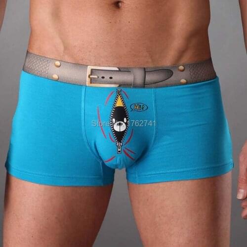 Cartoon Underwear Mens Zipper Bear Print Pants Trunk Shorts Pouch Boxer Boxershorts Men Lingerie Belt Pattern Boxers