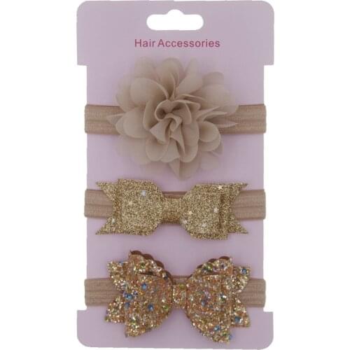 Yundfly 3pcs/lot Sequin Bow Chiffon Flower Elastic Headband Kids Photography Props Baby Girls Cute Headwear Set Birthday Gift