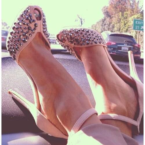 Sweet Crystal Drilled Light Pink Faux Suede Sandals Summer Female Ankle Strap Stiletto Heels Zapatos Party Dress High Heels