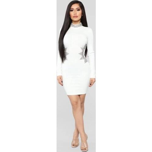 2021 New Elegant Beads Long Sleeve Bodycon White Summer Women Bandage Dress Vestidos Clubwear Celebrity Party Vestidos