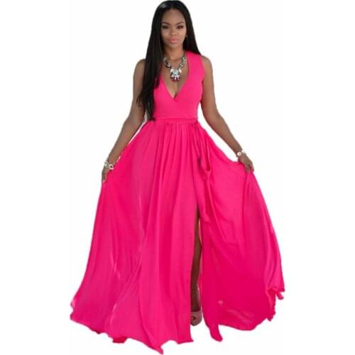 HOOYI Sexy Women beach chiffon long dress summer Deep V-neck maxi Dresses vestidos robe