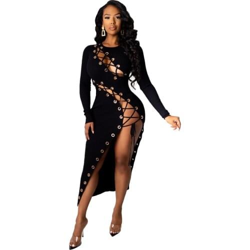 Adogirl Autumn Women Knitted Long Sleeve Dress Sexy Hollow Out Lace Up Bodycon Maxi Dress Solid Ribbed Long Dress Vestido
