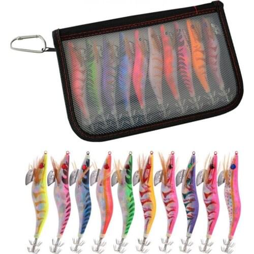10Pcs Squid Bait Hook 15g /19g Wooden Shrimp Jig Fishing Lures Hooks Wood Artificial Luminous Jigging Lure with Bag