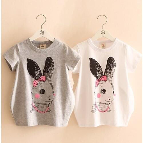 2018 Summer Female Child ChildrenS Clothing Baby Child Long Design Rabbit Print Short-Sleeve T-Shirt White Gray