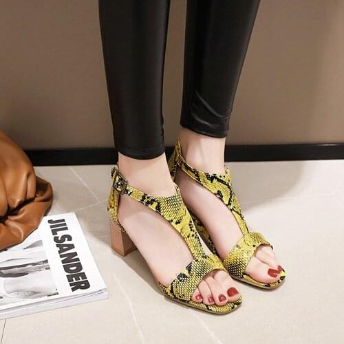 2021 Snakeskin T-belt Ankle Strap Heels Women Sandals Summer Shoes Women Open Toe Chunky High Heels Party Dress Sandals 32-43