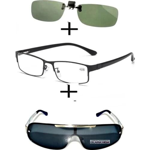 3Pcs!!!rectangular Metal Black Business Reading Glasses for Men Women + Polarized Sunglasses Sports Metal + Sunglasses Clip