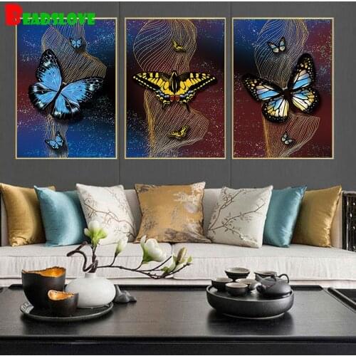 Triptych 5D diy diamond painting Gold Butterfly picture full square sound Diamond Embroidery Mosaic Cross Stitch Rhinestones