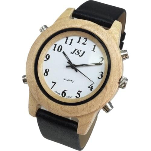 English Talking Watch with Alarm, White Dial, Wooden Frame, Leather Band
