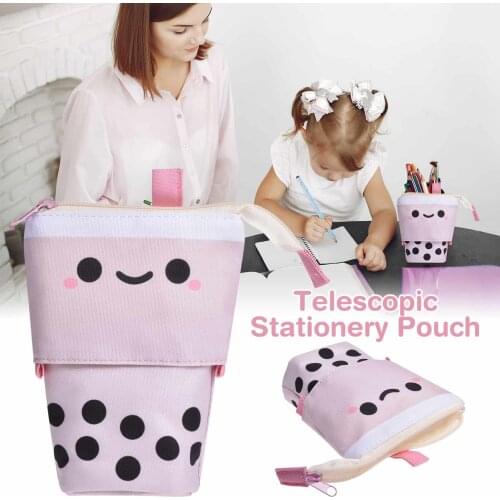 Pen Pencil Bag Case Cartoon Telescopic Zipper Bag Canvas Fold Standing Holder Stationery Organizer Kids Gift Pen Pouch