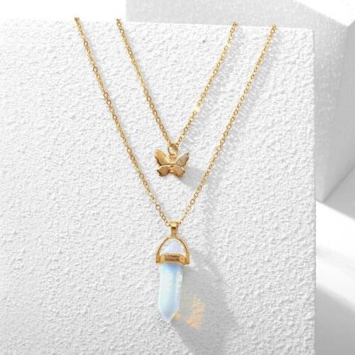Double Layer Women Necklace Glass Necklaces Fashion Butterfly Pendant Necklace for Women Jewelry