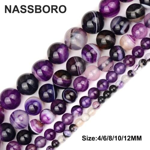 Purple Stripes Agates Natural Stone Beads Round Loose Charms Beads For Jewelry Making Bracelet Diy Bead 4/6/8/10/12MM NASSBORO