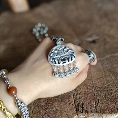 Johnature Tibetan Silver Original Bells 2021 Flowers New Lotus Fish National Trend Necklace Women Vintage Metal Hangings