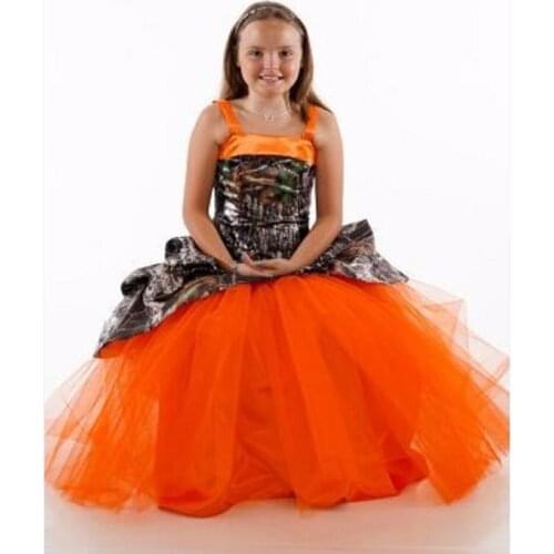 Spaghetti A-Line Camo Flower Girl Dresses Orange Tulle Formal Kids Camouflage Outside Wedding Wear