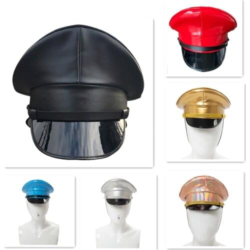 PU Leather Military Hat Performance Stage Show Night Bar Cap Captain Cap Nightclub Security Guard Cap For Adult Men Women