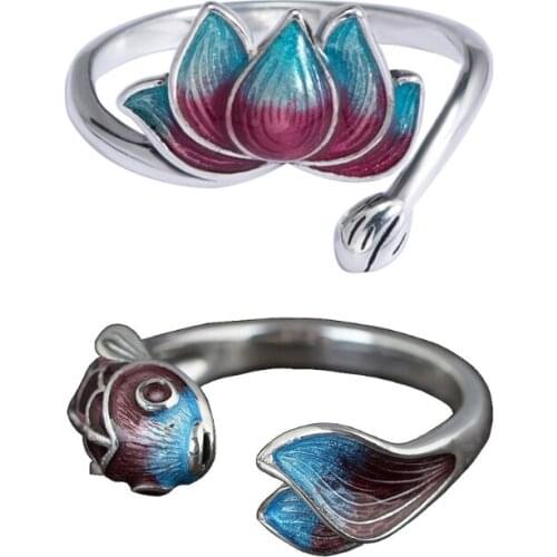 Vintage Lotus Flower Enamel Rings Lucky Fish Charm Open Ring Goldfish Flower Band Adjustable Women Fashion Jewelry wholesales