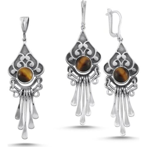 Kutaydan Tiger Eye Stone Hand Job 925 Sterling Silver Set Made in Turkey