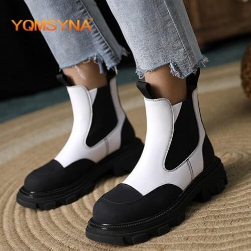 YQMSYNA Fashion Womens Boots Genuine Leather Round Toe Thick Bottom Flat With Boots Casual Non-slip Office Lady Shoes AS350
