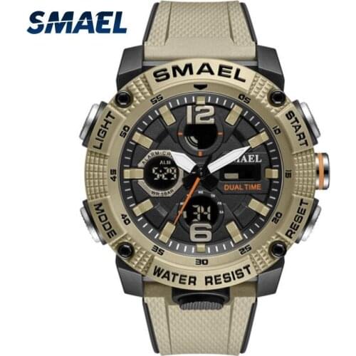 SMAEL Unique Analog Watch Men Electronic Clock Silicone Band Relogio Masculino De Luxo 8039 Khaki Dual Time Quartz Wristwatch