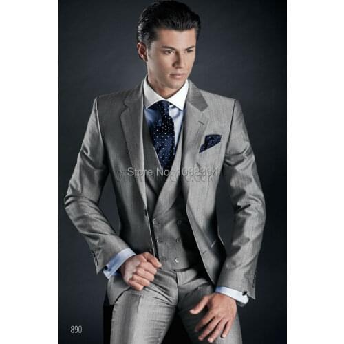 2016 Formal Men Business Suits 2 Button Light Grey Groom Tuxedos Groomsmen Wedding Suits For Men 3 Piece (Jacket+Pants+Vest+Tie)