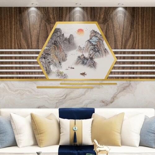 New Chinese Style Wallpaper Custom Abstract Mural Wood Golden Line Ink Landscape Marble TV Background Home Improvement Painting