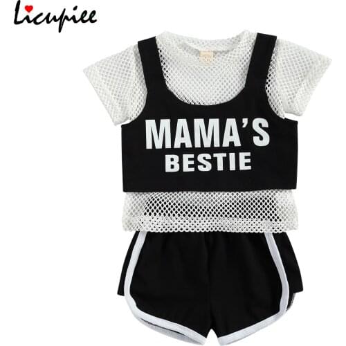 1-6 Years Kids Girl Sports Mesh Shirt, Cropped Sling Vest, Summer Loose Side Striped Shorts, 3-piece Running Training Suit