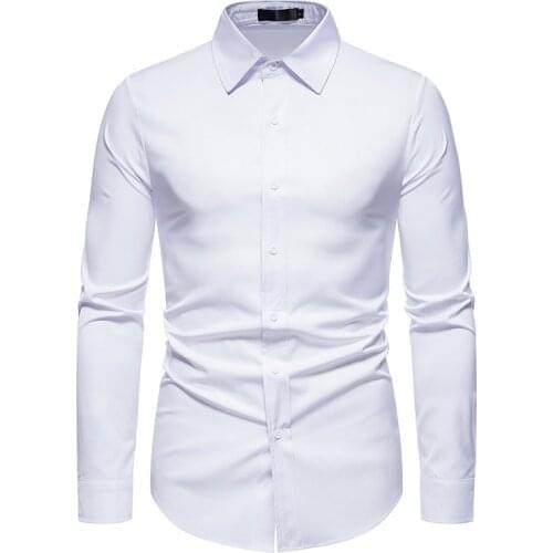 PARKLEES Mens Long Sleeve Slim Fit Social Solid Tuxedo Shirt Business Chemise Homme Casual Black White Wedding Dress Shirts