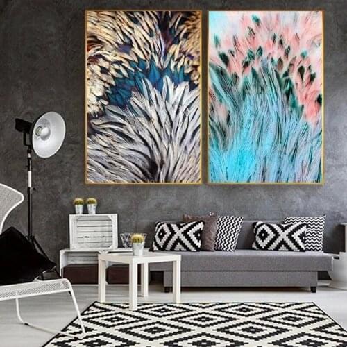 Luxury Feathers Wall Art Canvas Painting Abstract Gold Green Pink Feather Pictures Modern Fashionable Glam Home Decor Unframed