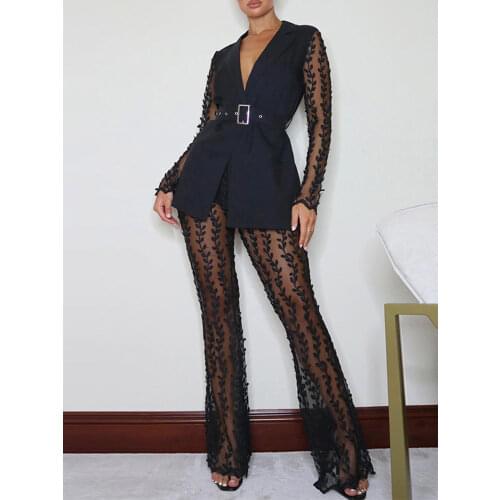 Chic Floral Mesh Long Sleeve Belted Blazer Tops & Slim Flare Pants Set Workwear Casual Women Two Pieces Set