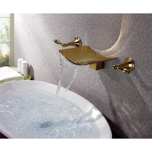 Free ship Modern Ti-PVD Gold Waterfall Wall Mounted Bathroom Bath tub Faucet Mixer tap