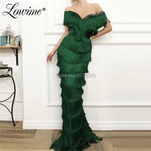 Dark Green Tassel Arabic Evening Dress Off Shoulder Mermaid Prom Dresses 2019 Robe De Soiree Crystals Custom Made Party Gowns