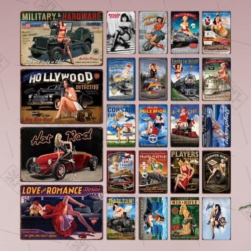 Vintage Metal Tin Signs Sexy Beauty On The Train Painting Service Retro Sticker Bar Pub Up Metal Plate Poster Wall Decoration