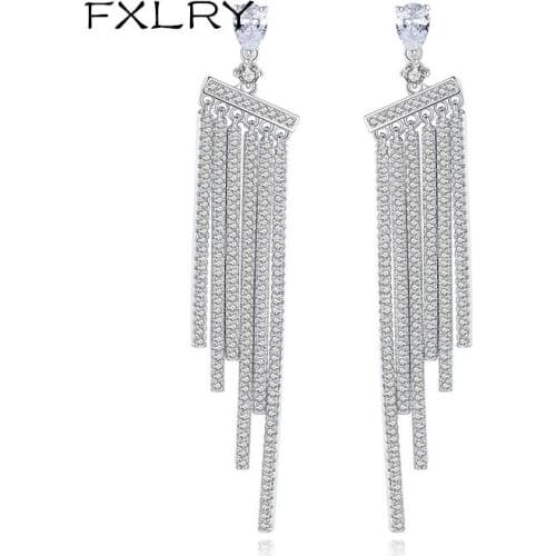 FXLRY New Design Personality White Color Cubic Zircon long tassel Earrings For Wedding Bride Jewelry Accessories