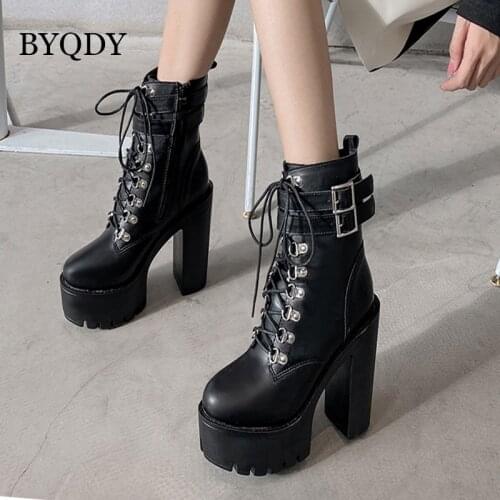 BYQDY Women Motorcycle Boots Black Metal Decoration Punk Round Toes Thick Bottom Ladies Shoes Platform Ankle Boots Female