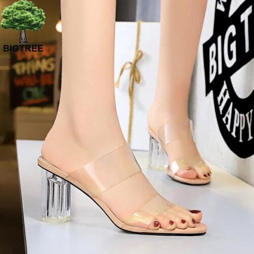Women High Heels Sandals Fashion Word with Thick Heel Transparent High Heels Sexy Open Toe Summer Slippers Ladies Party Pumps