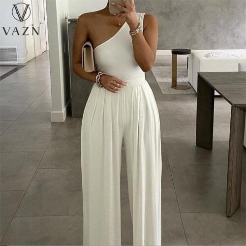VAZN 2021 Top Quality Office Lady Solid Loose Boho Sleeveless Summer Young Sexy Soft High Waist Women Long Pencil Jumpsuits