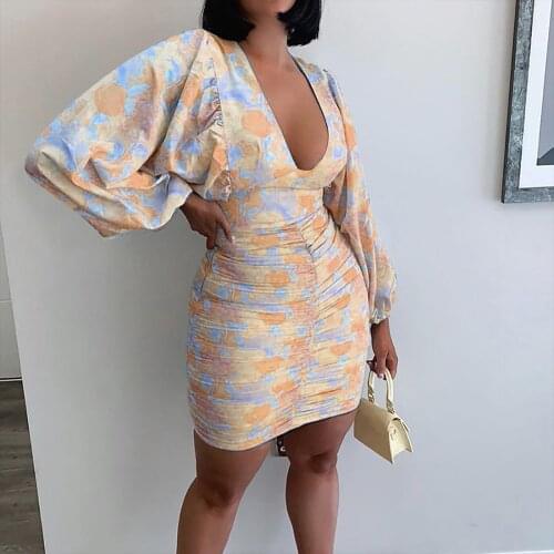 Womens Fashion Bodycon Y2k Dress Bohemian High Waist V-neck Printed Long Sleeve Hip Dress Vestidos Mujer Verano 2021