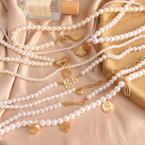 FNIO New Luxury Pearl Stone Shell Pendant Necklace for Women Summer Star Heart Chain Choker Necklace Bohemian Jewelry Gift