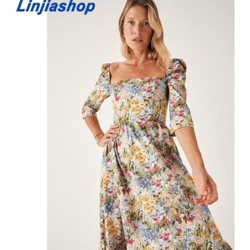 Vintage Prairie Chic Floral Print Dress Women Sexy Square Neck Half Sleeve Holiday Summer Chiffon Dress Ladies Vestido