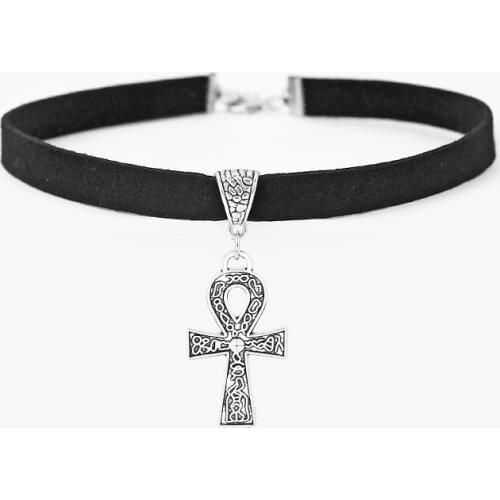 1pcs Fashion Black 10mm Flat Faux Suede Egypt Ankh Cross Charm Choker 13 inches Necklace Wiccan Pagan Gothic Jewelry