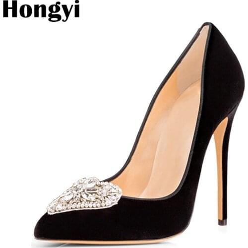 Hongyi 2018 Sexy Black White Women Pointy Toe Pumps Fashion Crystal Buckle Ladies 10cm High Heels Female Elegant Wedding Shoes